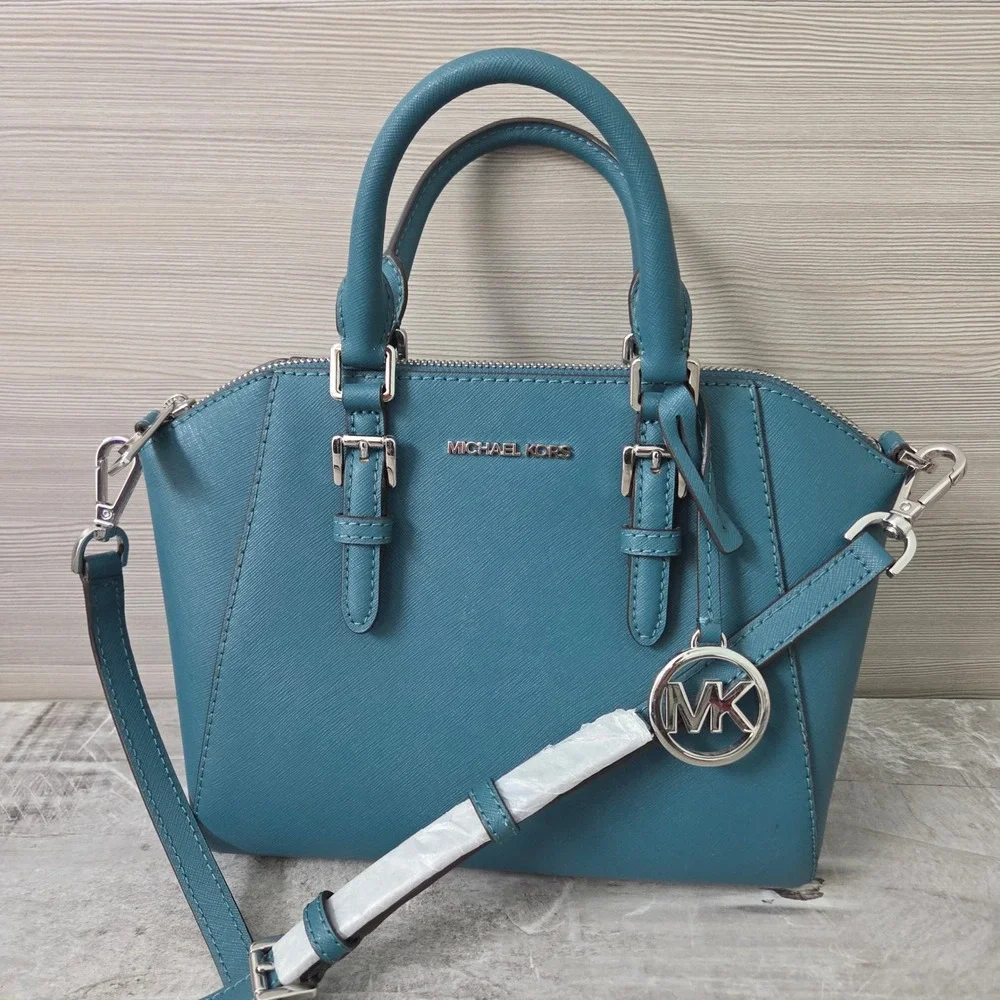 Michael Kors Ciara Medium Satchel Women Teal Blue Saffiano Leather Crossbody Bag